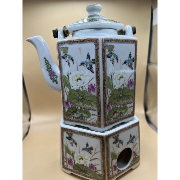 TOYO Ming Lotus & Birds Japanese Porcelain Tea Pot With Base - Picture 1 of 6